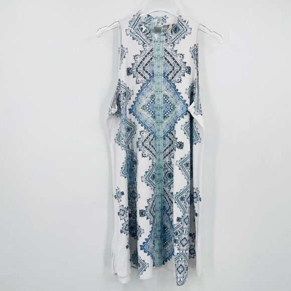 Altar'd State Size Medium Blue & White Boho Jersey Knit Mock Neck Dress - Picture 1 of 9